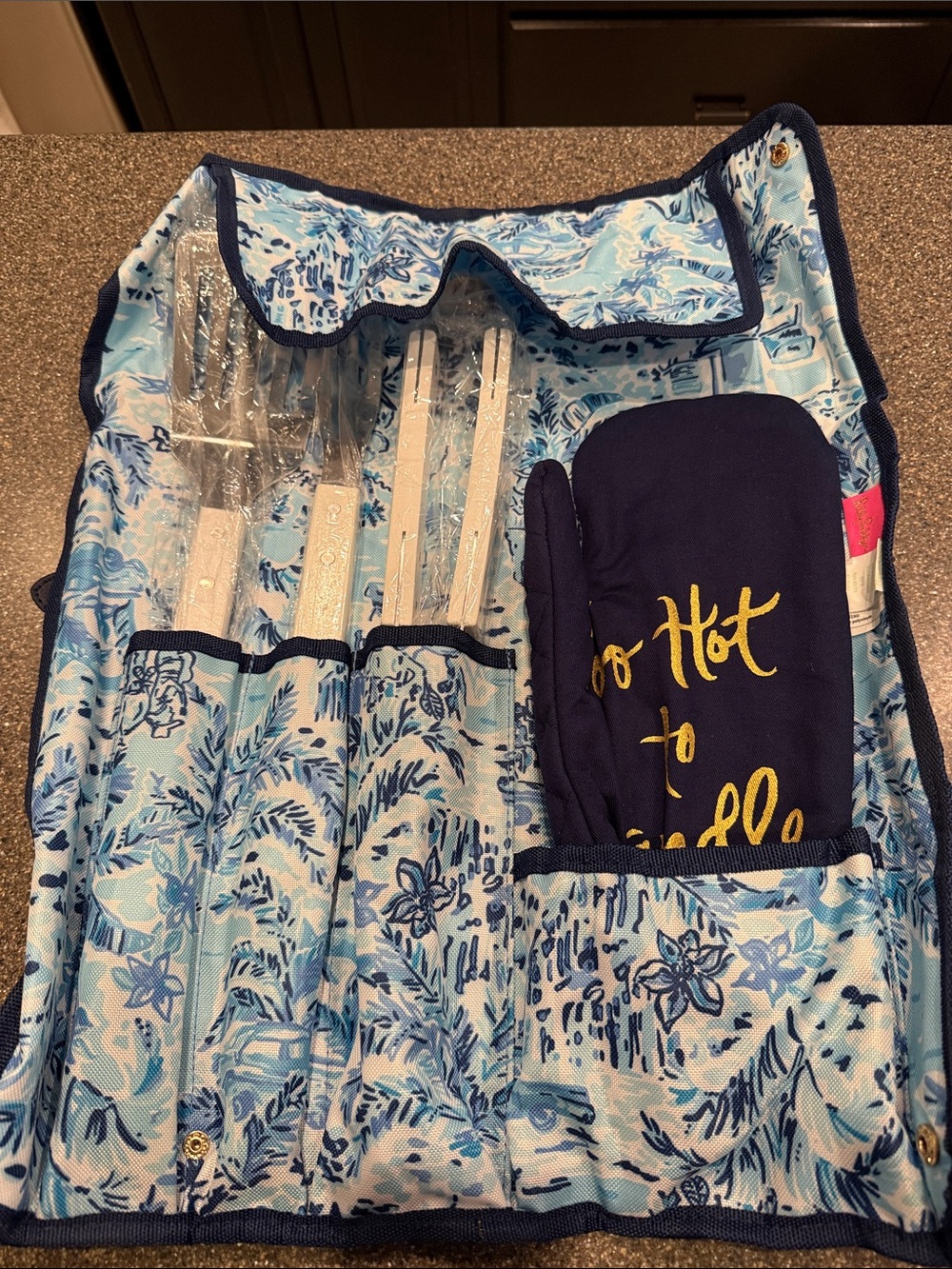 Lilly Pulitzer Blue Floral BBQ Tool Roll with Navy Oven Mitt